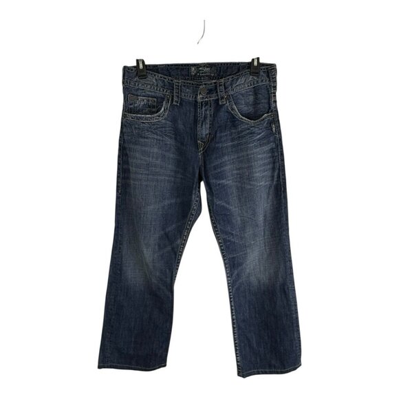 Silver Mens Jeans Size 33x28 Zac Boot Cut Medium Wash Denim Hemmed - Picture 1 of 15